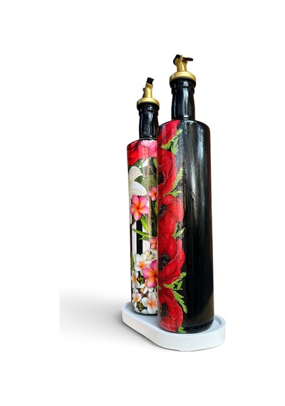 750 Ml Büyük Boy El Yapımı Cam Yağdanlık Sirkelik 2'li Set Çiçek Desenli Ve Çizgili Dekoratif Zeyt Kırmızı Ve Siyah