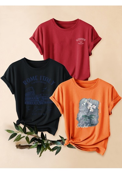 Uyguntarz Unisex Kırmızı Siyah Turuncu 3'lü Tasarım Tshirt Seti Çok Renkli