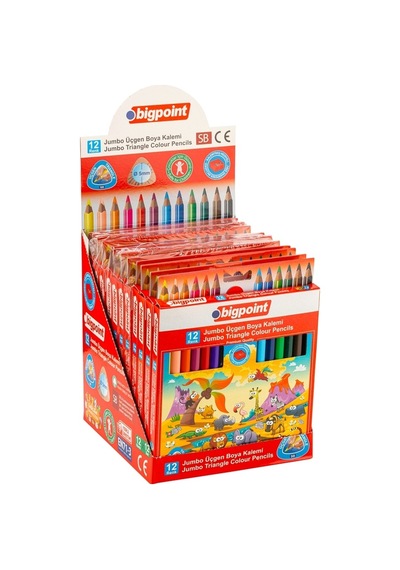 Bigpoint Jumbo Üçgen Kuru Boya Kalemi 12 Renk 12'li Stand