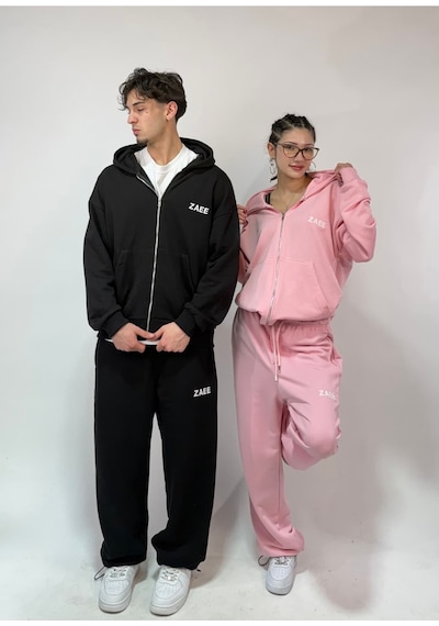 Zaee İnce Kumaş Nakışlı Oversize Premium Zip Hoodie siyah
