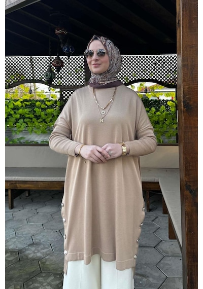 Rabia Şamlı Sevda Triko Tunik Bej Çok Renkli