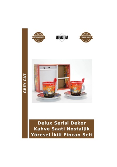 Delux Serisi Dekor Kahve Saati Nostaljik Yöresel İkili Fincan Seti Çok Renkli