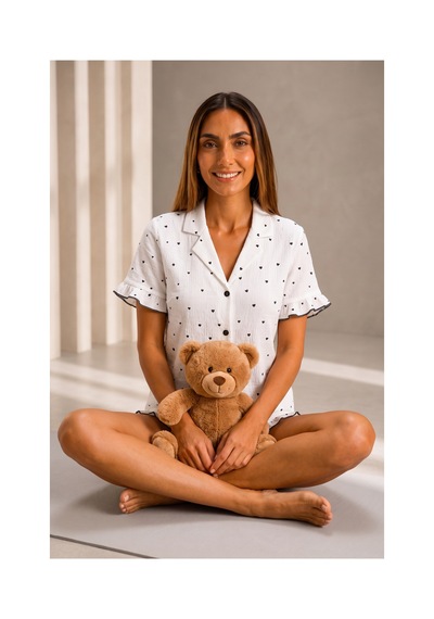 Fit Women Kadın Günlük Düğmeli V Yaka Beyaz Pijama Takımı