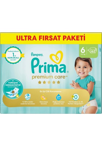 Prima Premium Care Bebek Bezi Beden:6 13+ Extra Large 62 Adet 6 Numara