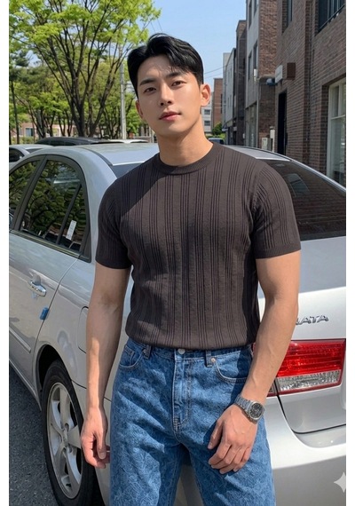 Tarz Cool Old Money Fit Bisiklet Yaka Çizgili Triko T-shirt Slim Kalıp Premium Siyah