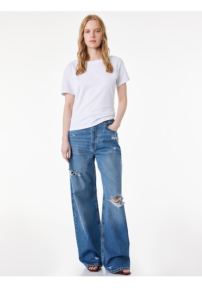 Koton Pamuklu Slim Fit Düşük Omuz Kayık Yuvarlak Yaka Kısa Kollu Tişört Beyaz 6sak50412ek