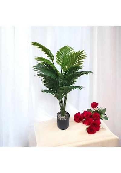 Yapay Ağaç Salon Bitkisi Areka Palmiye Krem Saksıda 80cm 18 Yaprak Plastik Yeşil