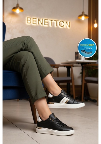 United Colors Of Benetton Siyah Beyaz Bağcıklı Cilt Memory Foam Unisex Spor Ayakkabı Bnı-12074 G Siyah - Beyaz