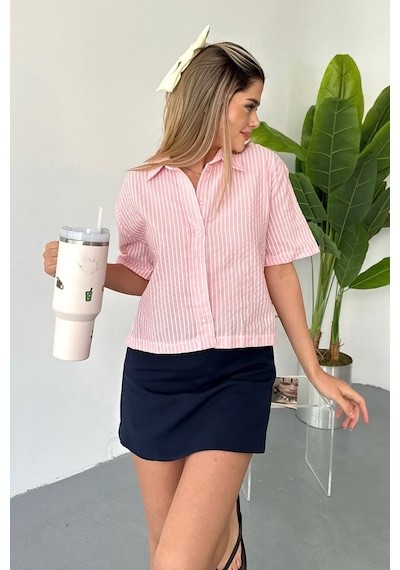 Jee Lee Kadın Kısa Kollu Çizgili Gömlek Pembe - 26y 2124 Pembe
