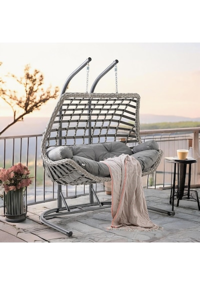 Cunda Çiftli Rattan Bahçe Salıncağı Rehome Balkon Salıncağı Gri