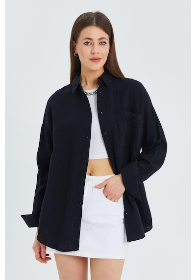 Mixray 3833 Kadın Oversize Cepli Müslin Gömlek Siyah