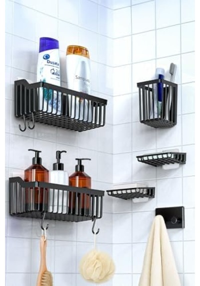 Banyor 6'lı Banyo Seti Yapışkanlı Banyo Düzenleyici Şampuanlık Diş Fırçalık Sabunluk Askılık Takımı Siyah Açık Ahşap