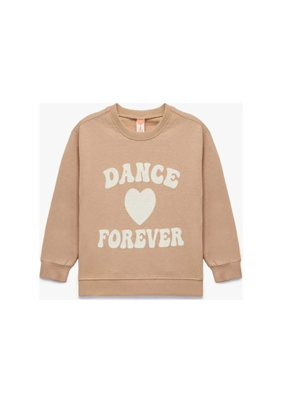 Koton Kız Bebek Baskılı Pamuklu Uzun Kollu Bisiklet Yaka Şardonlu Sweatshirt Kahve