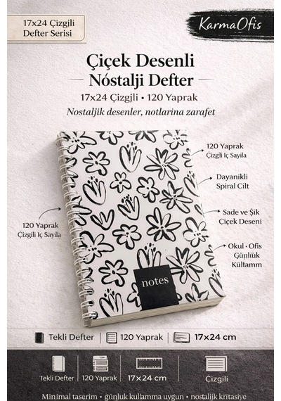 4'lü Spiral Çizgili Defter Seti 17x24 Cm 120 Yp Nostalji Desenli Okul Ofis Defteri