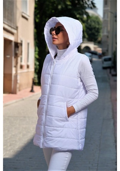 Veraura Lifestyle Beyaz Kapüşonlu Cepli Kolsuz Şişme Yelek