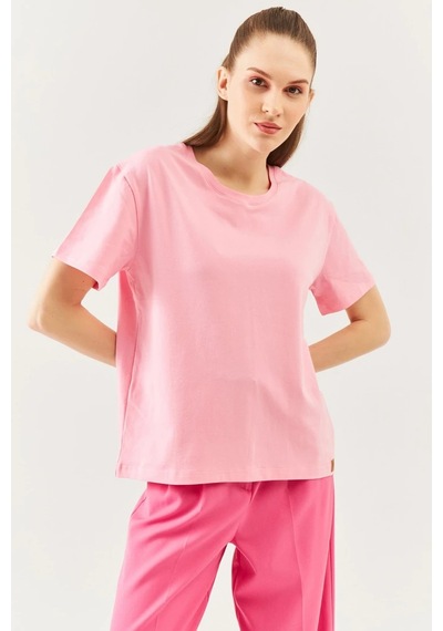 Kadın Oversize Rahat %100 Pamuklu Penye Bisiklet Yaka Kısa Kol Basic T-shirt Pembe
