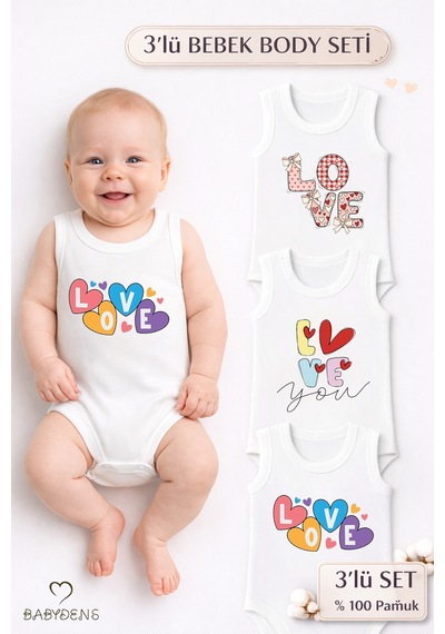Babyden's 3 Lü Bebek Body Seti %100 Pamuk Love Baskılı Atlet Body Unisex Beyaz