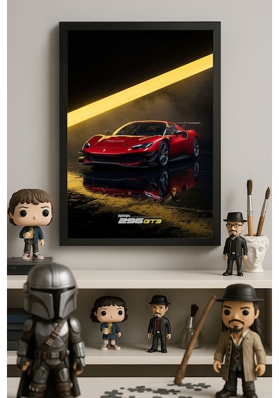 Ferrari 296 Gt3 Siyah Ahşap Çerçeveli Poster, Dekoratif Araba Duvar Tablosu