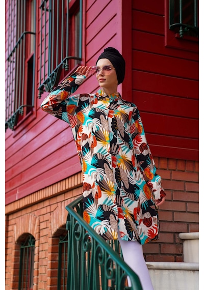 Polologin Butik Canlı Renkli Tropikal Desenli Tunik Turkuaz Turuncu Beyaz