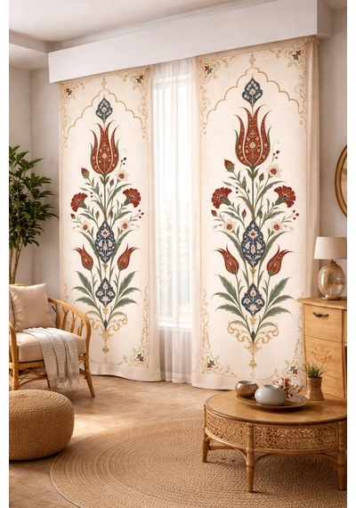 140x260 Ölçüsünde 2 Adet Bohem Fon Perde. Boho Tarz Koleksiyon Ürünü. Çok Renkli Bej