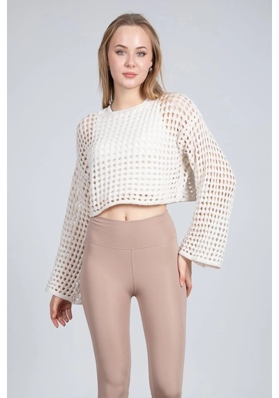 Maximodena Ekru Ajurlu Crop Bluz - Ekru