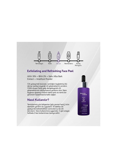 Ametist Crystal Pure Canlandırıcı Ve Cilt Tonu Eşitleyici Yüz Peelingi 30 Ml Aha 10% + Bha 2%+ Salix Alba Bark Extract+ Ametist Powder