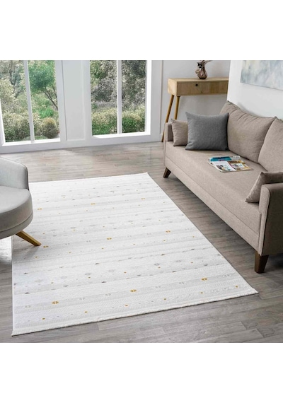 Beyaz Çok Renkli Etnik Şerit Desenli Modern Halı - Nd15502ms