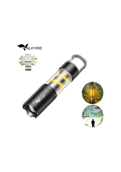Valkyrie Şarjlı Kamp Feneri El Feneri Type-c Şarjlı Cob Yan Işıklı 3 Modlu Zoomlu Karabinalı Siyah