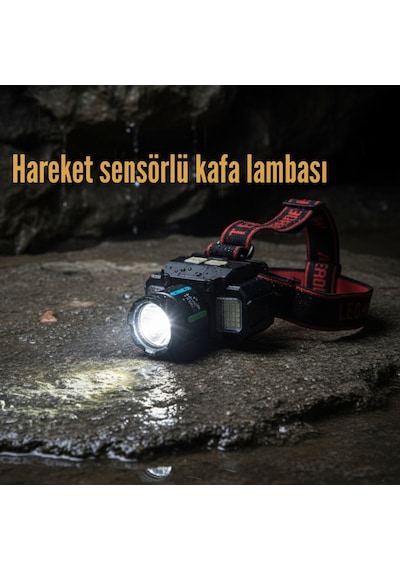 Hareket Sensörlü Çift Işık Kaynaklı Şarjlı Kafa Lambası Siyah