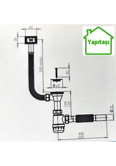 Yapıtaşı YT63 Taslı Dik-Yandan Taşmalı Mutfak Evye sifonu Gri