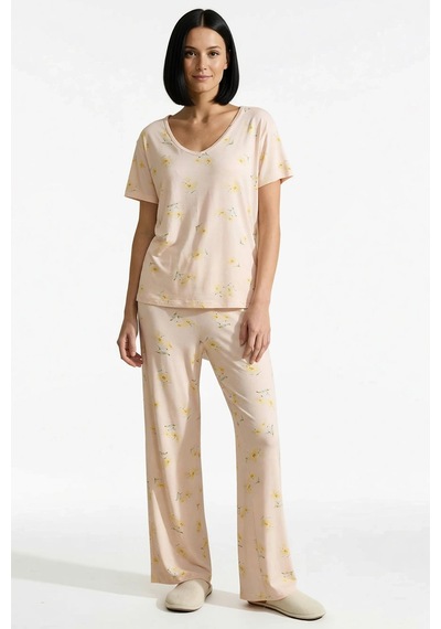 Benerly Kadın Çiçekli Süprem Örme Pijama Takımı V Yaka Standart Kol Regul Somon