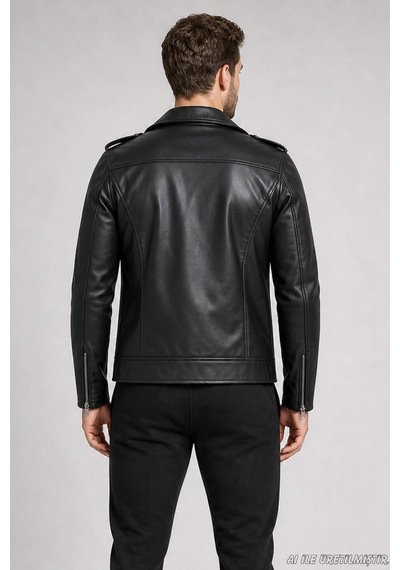 Freemen Erkek Fermuarlı Cep Detaylı Slim Fit Suni Deri Ceket-416 Siyah