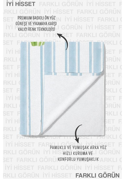 Çizgili Çiçekli Mikroﬁber Plaj Havlusu - Akdeniz Stil Mavi Sarı Havuz Deniz Banyo Sahil Örtüsü Çok Renkli