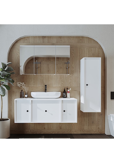 Oval Lavabolu Mat Mdf 120 Cm Banyo Dolabı + Aynalı Dolabı Beyaz Mat Beyaz