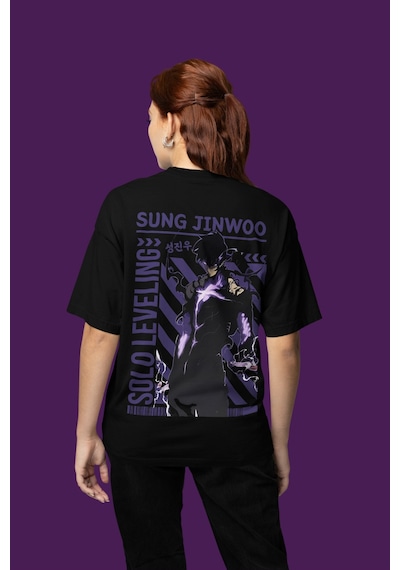 Solo Leveling Sung Jin Woo Sırt Baskılı Unisex Oversize Anime Tiş Siyah