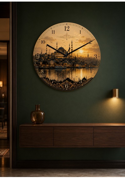 AA Shop İstanbul Türkiye Şehir Manzaraları Desenli Dekoratif Baskılı Ahşap Duvar Saati 45 Cm Sessiz Akar Mekanizma 895 Çoklu Renkli