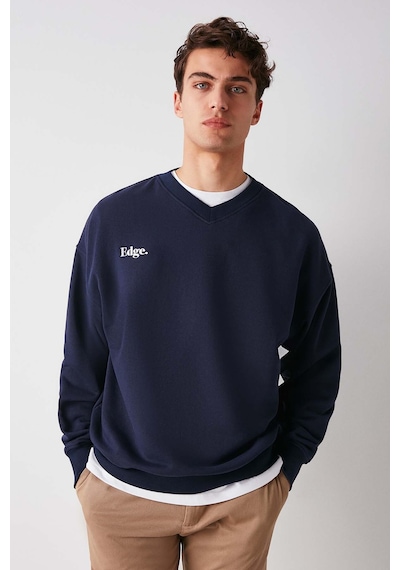 Grımelange Off Erkek Organik Pamuklu Yazı Nakış Detaylı V Yakalı Içi Polarsız Oversize Lacivert Sweatshirt
