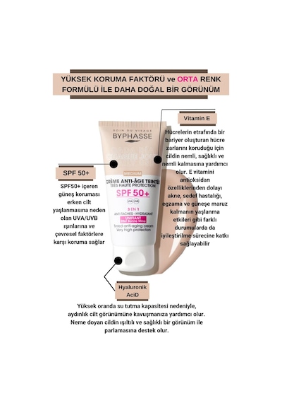 Byphasse  3'ü 1 Arada Renkli Güneş Kremi Medium SPF50+ 50 ML