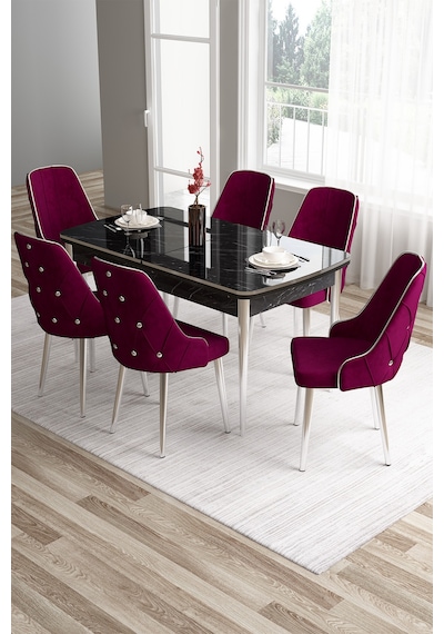 Canisa Tia Serisi 80x132 Mdf Açılabilir Siyah Mermer Desen Krom Detay Mutfak Masası Ve 6 Mürdüm Sandalye Masa Siyah Mermer Desen Sandalye Mürdüm Canisa Tia Serisi 80x132 Mdf Açılabilir Siyah Mermer Desen Krom Detay Mutfak Masası Ve 6 Mürdüm Sandalye Masa Siyah Mermer Desen Sandalye Mürdüm