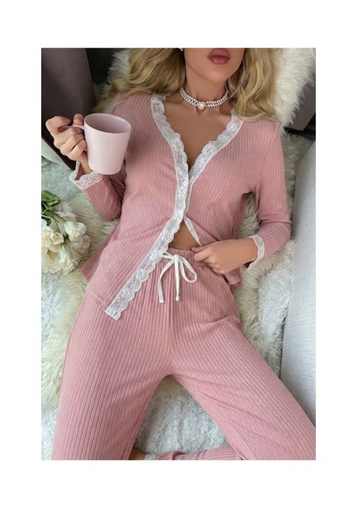 Merry See Ribanalı Dantel Detay İki Parça Pijama Takım Pembe