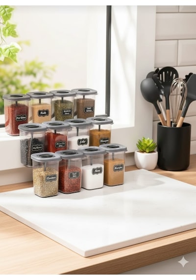 12'li 450ml Kilitlenebilir Kapaklı Kendinden Kaşıklı Baharatlık Seti 450ml 25 Adet Etiket Hediyeli Gri