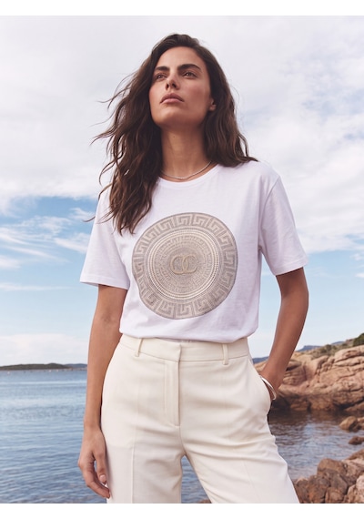 Onloox Kadın Beyaz Beyaz Pamuklu Bisiklet Yaka Basic Form Önü Taş Detaylı Kısa Kollu Penye T-shirt