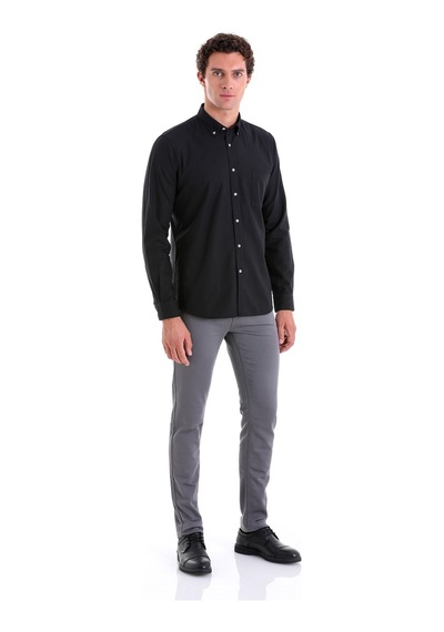 Hatemoğlu Siyah Comfort Fit Düz 100% Pamuk Düğmeli Yaka Uzun Kollu Casual O Siyah