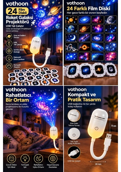 24 Film Diskli Galaksi Uzay Projektörü Usb Tak Çalıştır Çocuk Odası Projeksiyon Gece Lambası Aklby-bsva58