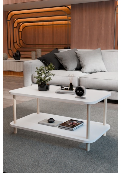 Kare Orta Sehpa 90 Cm 2 Raflı Salon Sehpası Ahşap Ayaklı Dekoratif Sehpa Beyaz