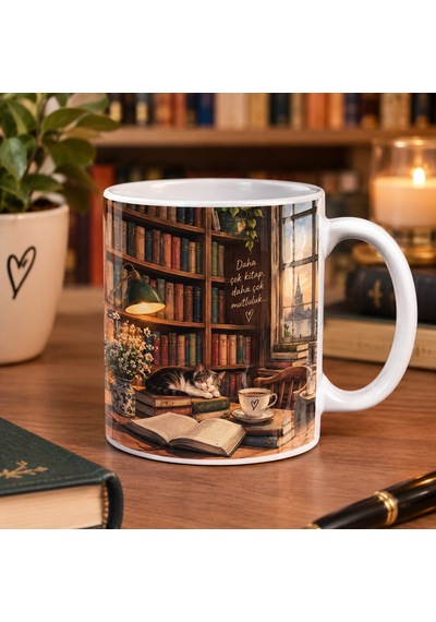 Kitap Ve Kütüphane Tema Baskılı Kupa Beyaz