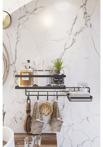 Suntel Yapışkanlı 4 Kancalı Banyo Rafı Ve Sabunluk Banyo Düzenleyici Askılı Banyo Organizer Siyah