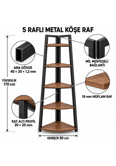 Evkolleksiyon 4 Raflı Metal Köşe Raf 170x80 Cm 40x20 Profil Ceviz