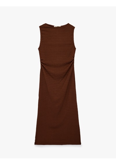 Koton Bürümcük Kolsuz Dik Yaka Midi Bodycon Elbise Kahverengi 6sal80003ık Kahve