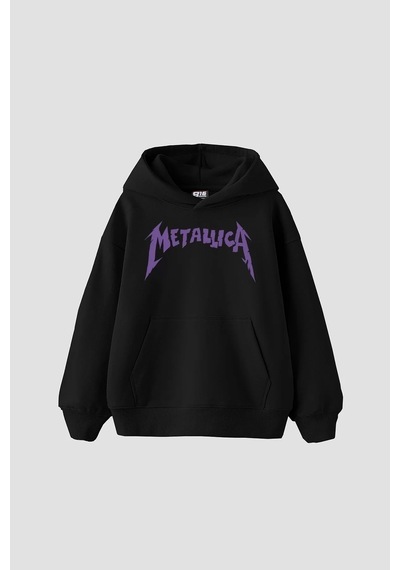 Startmore Metallica Mor Sırt Baskılı Beyaz Oversize Kapüşonlu Siyah